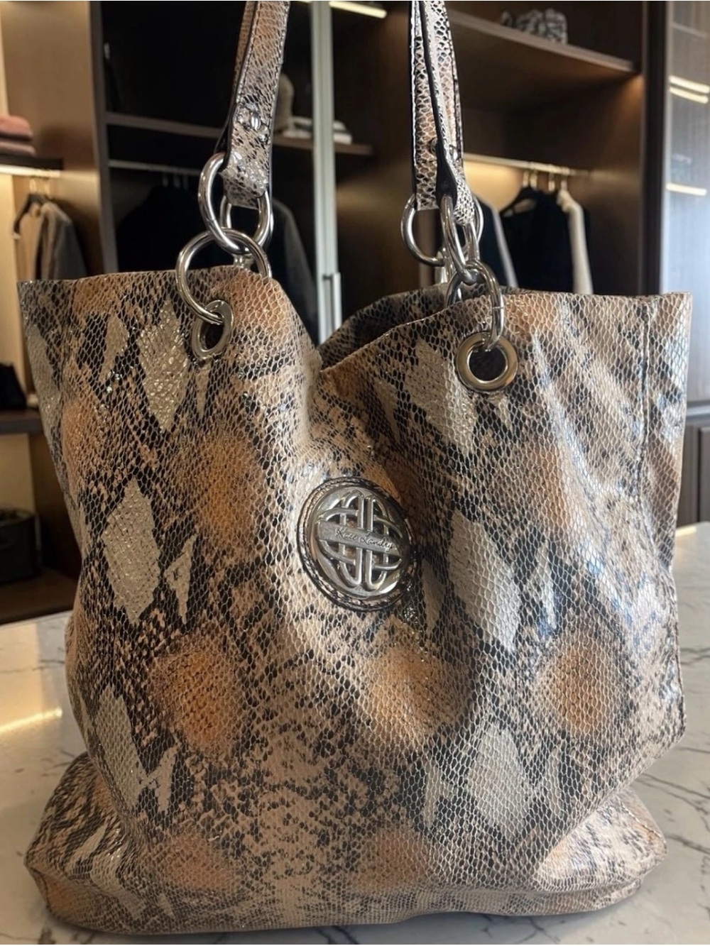 Kate Landry Faux Snakeskin Tote Bag Large Slouchy Shoulder Purse